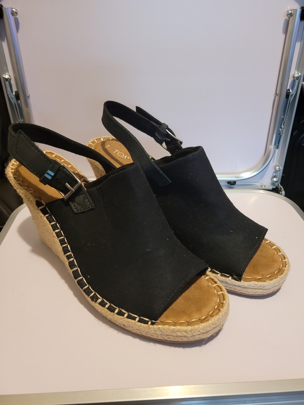 Toms Black Canvas Espadrille Wedge Sandals